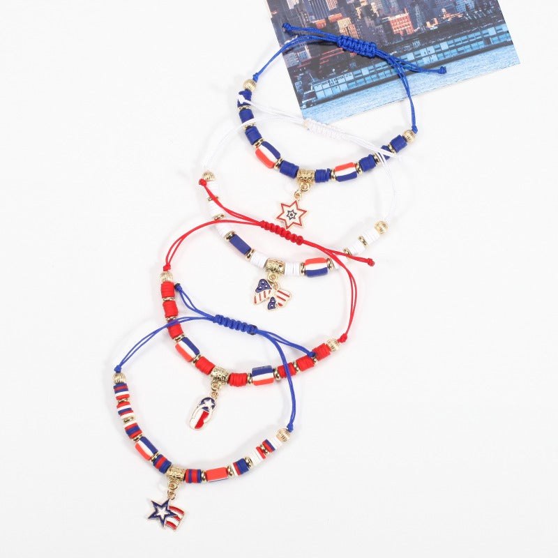 Wholesale Independence Day Braided Adjustable Heart Five-pointed Star Butterfly Red White and Blue Bracelet